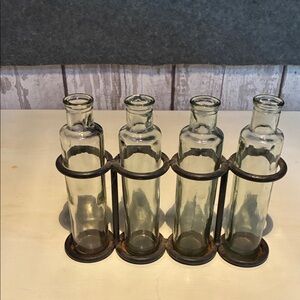 Rustic Glass Vase Set with Metal Holder